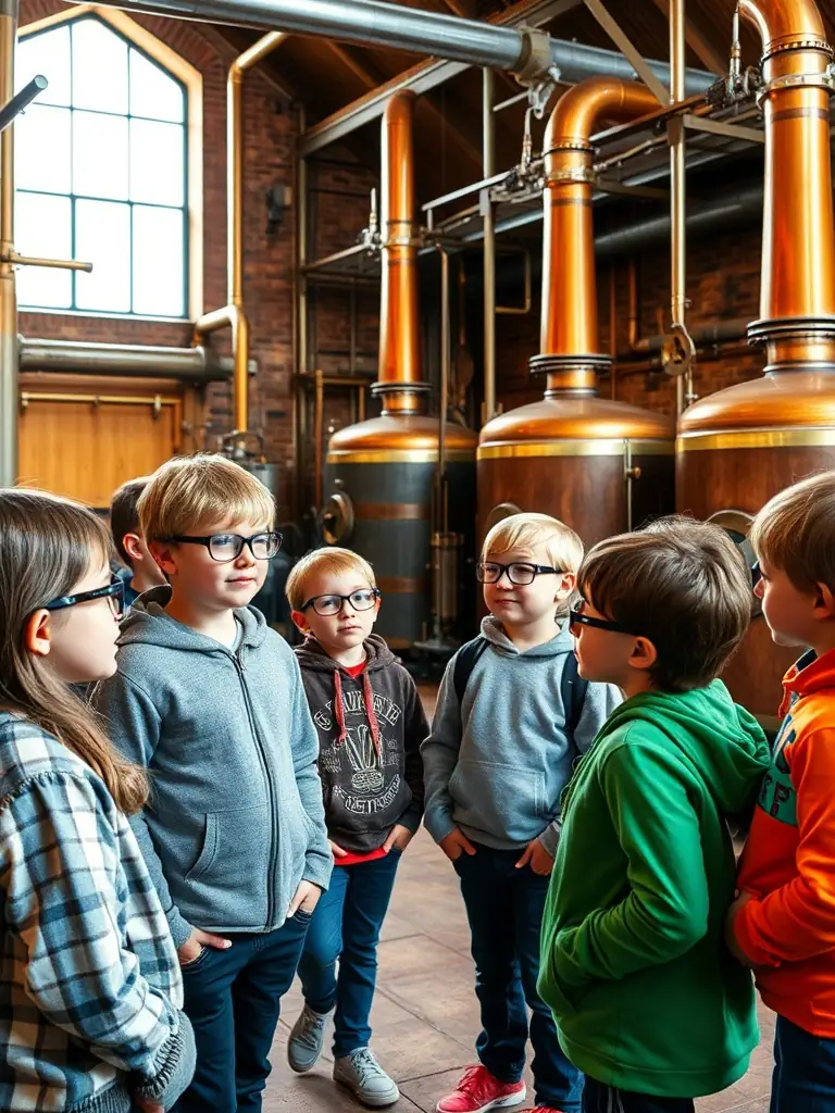 A heartwarming image of children participating in an educational tour of a historical Cognac distillery, highlighting the importance of cultural education.