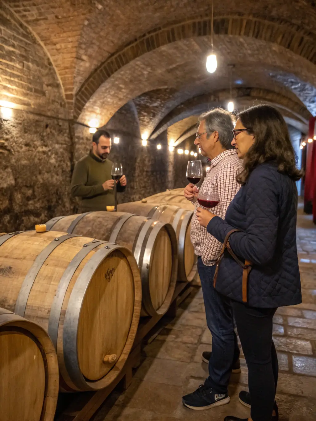 A photograph of a guided tour group exploring the historic cellars of a Cognac distillery, focusing on the guide explaining the aging process of Cognac.