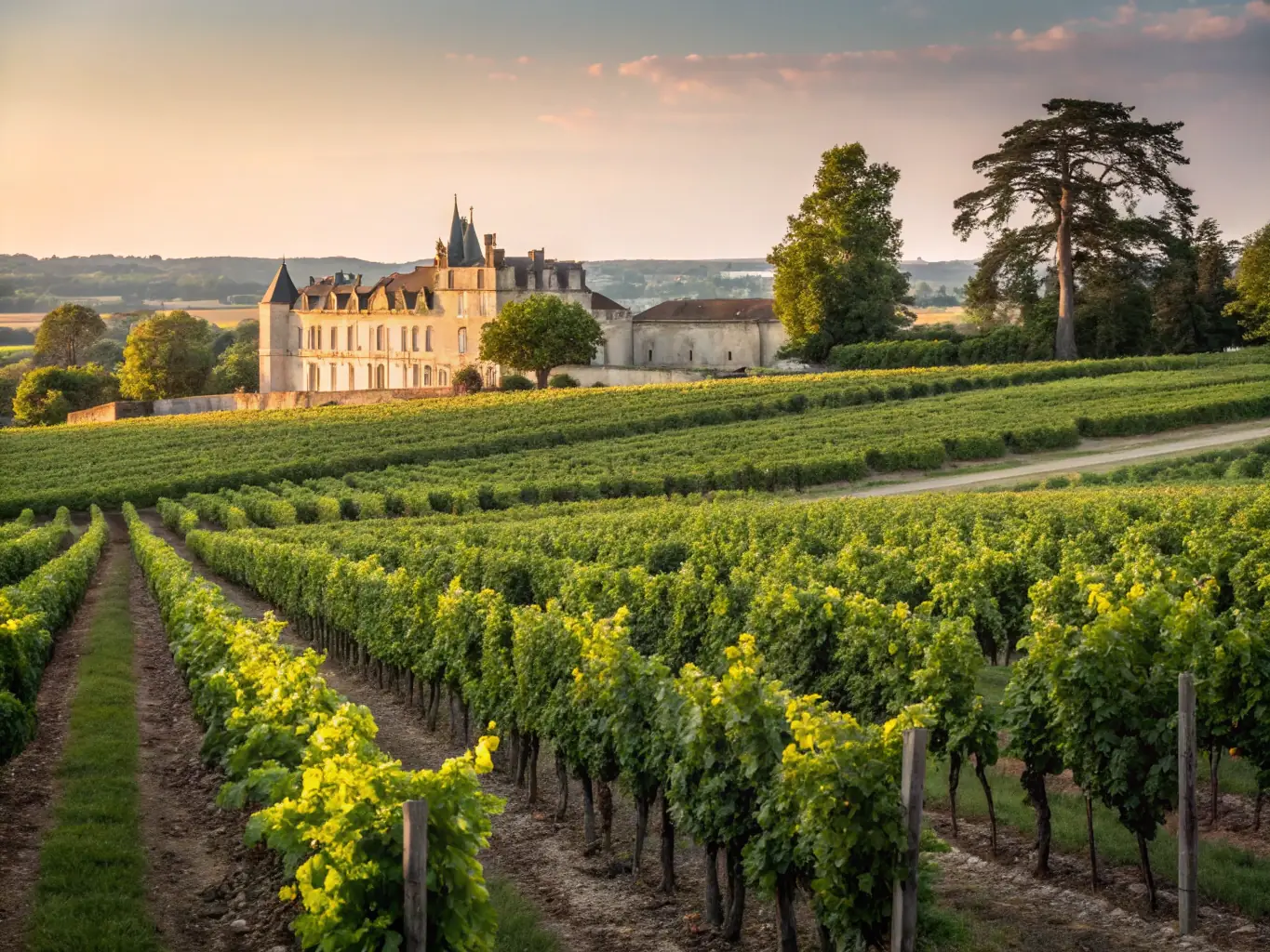 A picturesque image of the Cognac countryside, featuring vineyards and traditional distilleries, highlighting the natural beauty and agricultural heritage of the region.